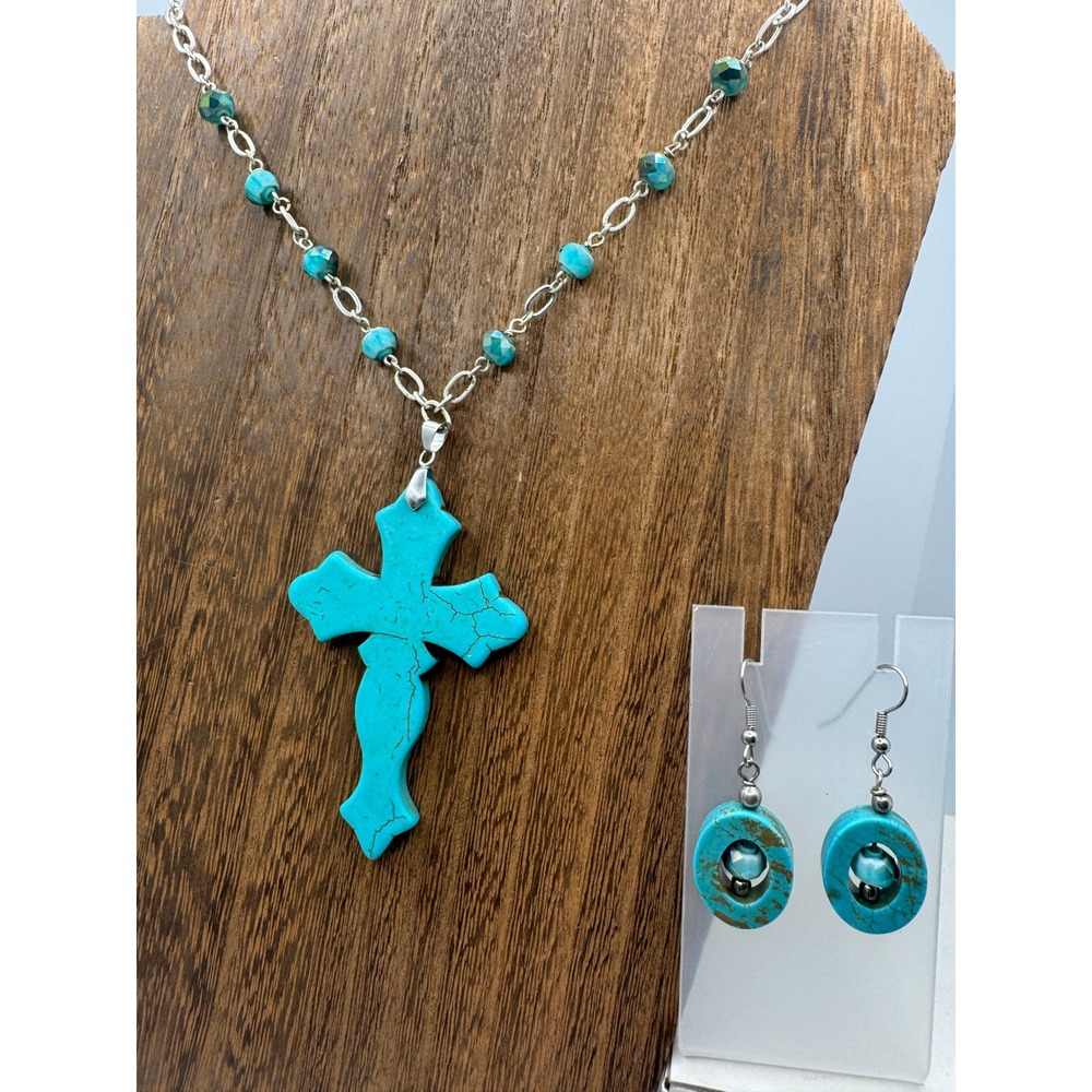 Turquoise Cross Pendant Necklace Matching Drop Earring Jewelry Set Silver Tone